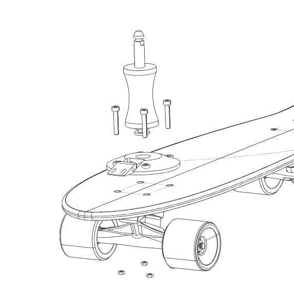 Exploded view of the PASOI Connection One windskate mast base showing how it mounts using the longboard’s existing truck mounting holes and bolts.