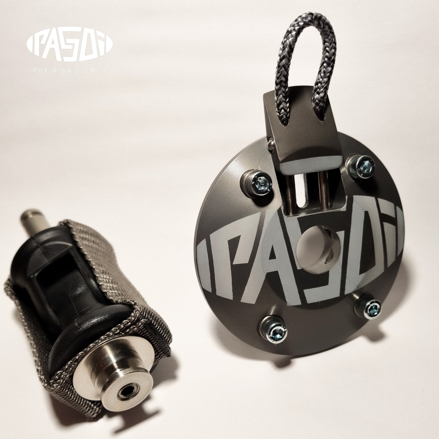 PASOI Connection One windskate mast base (close-up), engineered to mount via existing truck bolts, no deck drilling required.