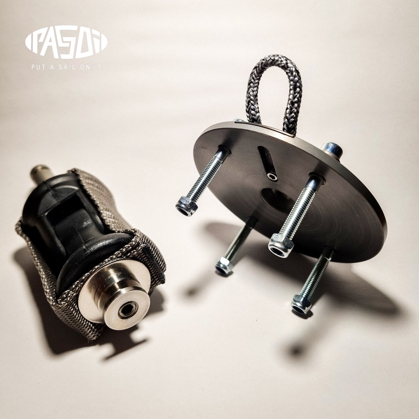 PASOI Connection One windskate mast base (close-up), engineered to mount via existing truck bolts, no deck drilling required.